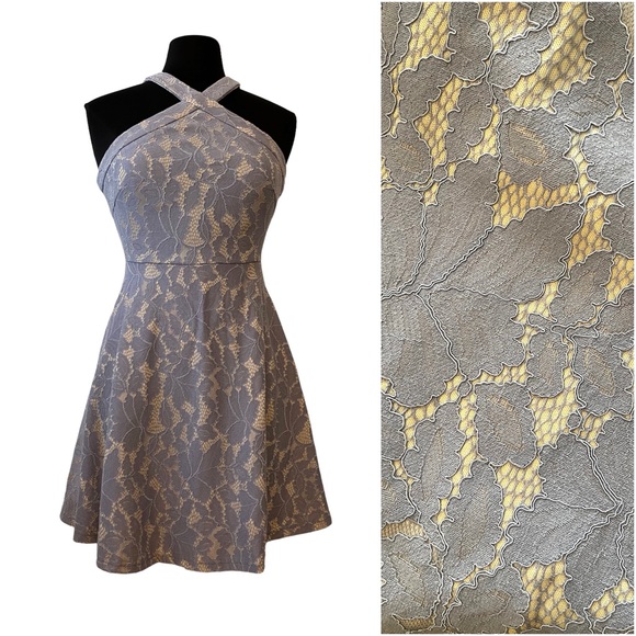 She + Sky Bare Shoulder Grey Lace Dress - Picture 1 of 8